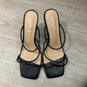 Viviana Black Textured Strappy Heels